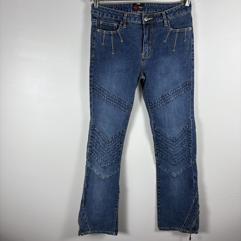 Pepe Jeans Women's 30 Blue Dark Wash‎ Denim Zipper Detail Moto Style Flare Jeans